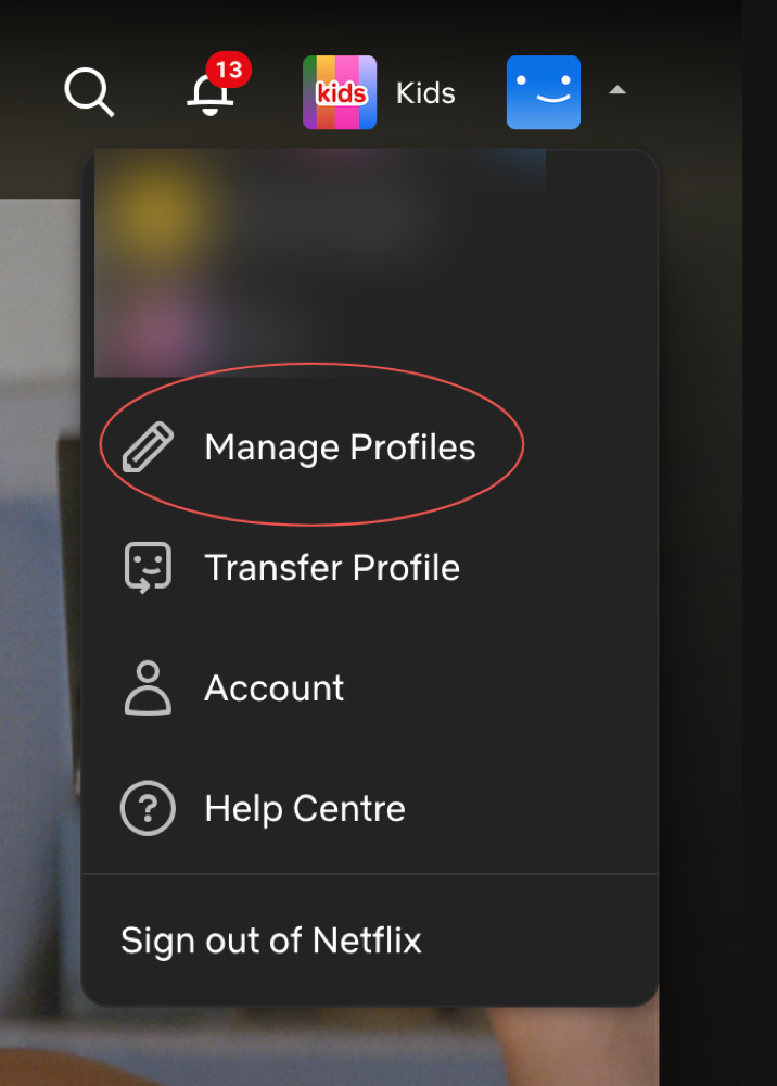 Netflix's account menu open, Manage Profiles highlighted